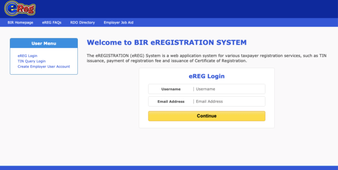 login to the BIR ereg system