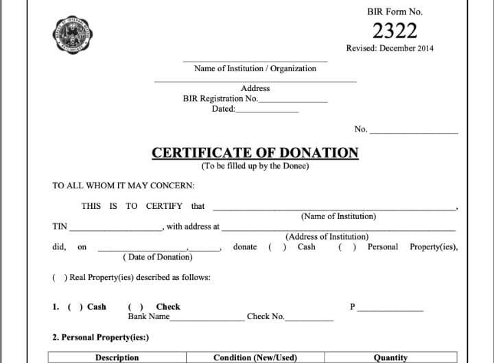 BIR Form 2332 as certificate of donation