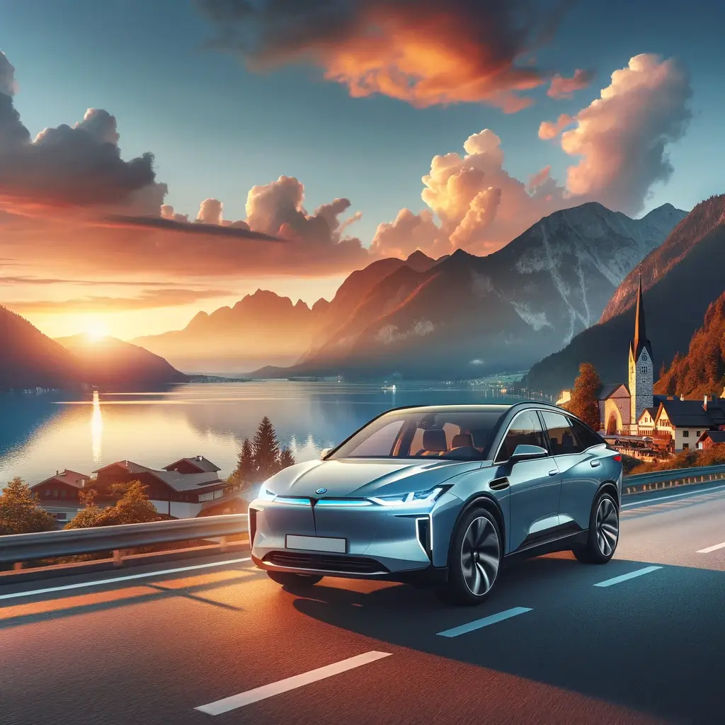 A scenic view of a modern car on a road with a beautiful sunset in the background.