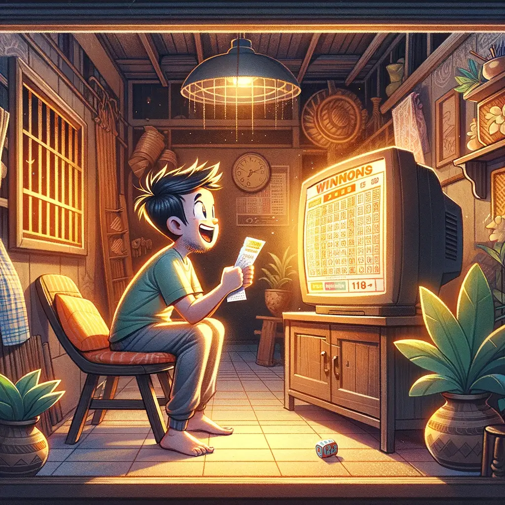 a person sitting in a cozy living room within a typical Filipino home, excitedly holding a winning lottery ticket. The person is depicted with a look of joyful surprise, eyes wide and a big smile, as they stare at a television screen displaying the winning lottery numbers. The TV is set in a warm, inviting space, with elements that suggest a Filipino setting, such as wooden furniture and tropical plants. The room is lit softly, highlighting the emotional moment of realizing a big win. This image captures the thrill and happiness of discovering one has won the lottery, set against the backdrop of a familiar Filipino living environment.