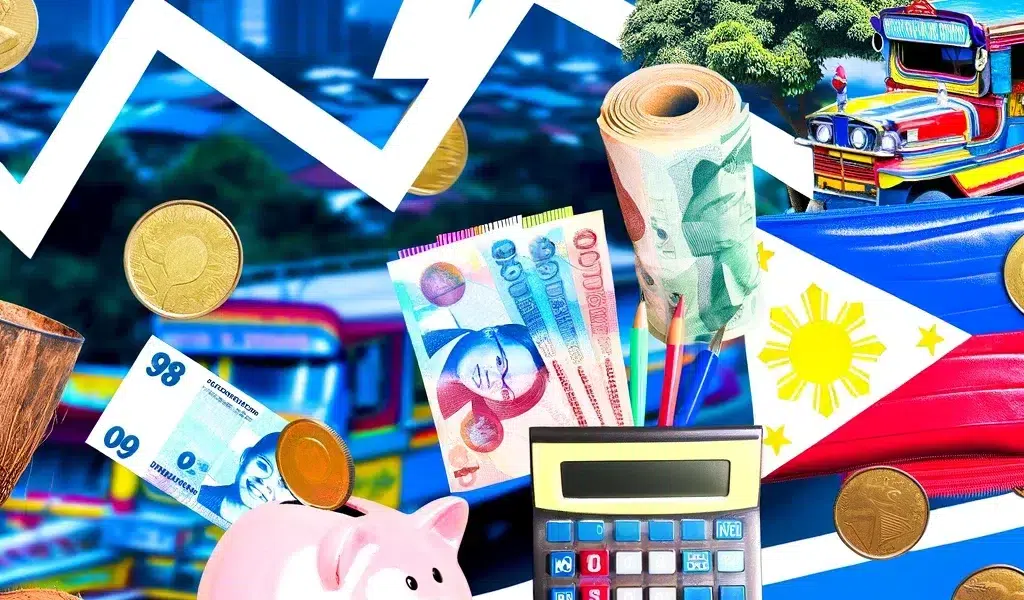 The image should include a mix of financial symbols like peso notes, piggy banks, calculators, and graphs, combined with iconic Philippine elements such as jeepneys, coconut trees, and the Chocolate Hills. The background should be a blend of urban and rural scenery to depict the diverse Philippine landscape. The overall feel should be motivational and positive, with a color scheme that reflects the Philippine flag colors of blue, red, yellow, and white.