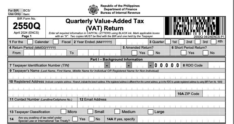 shows the new BIR Form 2550Q 2024 sample